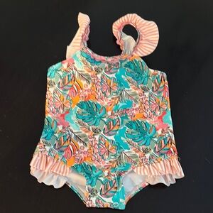 Tropical Leaf Ruffle One-Piece Swimsuit - Pink & Teal